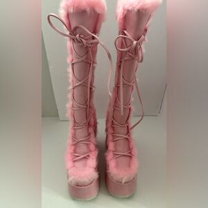 Demonia Pink Lace-Up Camel-311 Vegan Leather Knee High Platform Boots Size 9